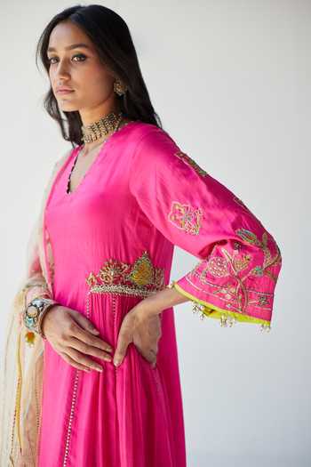 Rajiramniq_Pink Silk, Modal Satin And Organza Cutdana, Sequin, Thread & Kurta Palazzo Set _at_Aza_Fashions