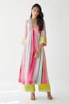 Shop_Rajiramniq_Pink Crepe Print And Embroidery Stripes V Neck A-line Kurta Palazzo Set _at_Aza_Fashions