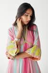 Rajiramniq_Pink Crepe Print And Embroidery Stripes V Neck A-line Kurta Palazzo Set _at_Aza_Fashions