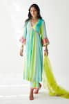 Buy_Rajiramniq_Green Crepe And Organza Print & Embroidery Stripes V Neck A-line Kurta Palazzo Set _at_Aza_Fashions