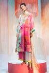 Buy_Rajiramniq_Pink Crepe And Organza & Embroidery Floral V Flared Kurta Palazzo Set _at_Aza_Fashions