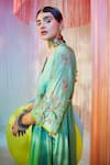 Rajiramniq_Green Silk Embroidery Beads V Neck Placement Kurta Palazzo Set _Online_at_Aza_Fashions