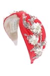 Shop_Babita Malkani_Red Beads, Rhinestones Embellished Suede Turban Headband _at_Aza_Fashions