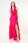 Buy Deme By Gabriella Pink Chiffon V Neck Slit Ruffle Gown at Aza Fashions Buy_Deme By Gabriella_Pink Chiffon V Neck Slit Ruffle Gown _at_Aza_Fashions
