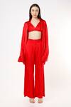 Buy_Deme By Gabriella_Red Satin V Neck Bralette With Pant Set_at_Aza_Fashions