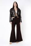 Buy_Deme By Gabriella_Brown Leather, Micro, Sheepskin Bralette Plunge Flared Pant Set With Jacket_at_Aza_Fashions