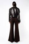 Shop_Deme By Gabriella_Brown Leather, Micro, Sheepskin Bralette Plunge Flared Pant Set With Jacket_at_Aza_Fashions