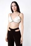 Deme By Gabriella_Brown Leather, Micro, Sheepskin Bralette Plunge Flared Pant Set With Jacket_Online_at_Aza_Fashions