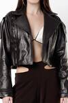 Shop_Deme By Gabriella_Brown Leather, Micro, Sheepskin Bralette Plunge Flared Pant Set With Jacket_Online_at_Aza_Fashions