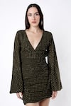 Deme By Gabriella Green Crepe Silk Polka Dots V Neck Ruched Dress Online at Aza Fashions Deme By Gabriella_Green Crepe Silk Polka Dots V Neck Ruched Dress _Online_at_Aza_Fashions