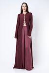 Buy_Deme By Gabriella_Purple Cotton Satin, Crepe Silk V Neck Long Top And Pant Set _at_Aza_Fashions