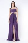 Buy_Deme by Gabriella_Purple Crepe Silk Slit Draped Gown_at_Aza_Fashions