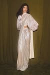 Shop_Deme X Kalki_White Pre-draped Saree With Puff Sleeve Blouse_Online_at_Aza_Fashions