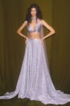 Buy_Deme X Kalki_Silver Metallic Plain Plunge V Neck Lehenga Set _at_Aza_Fashions