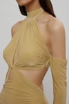 Buy_Deme By Gabriella_Beige Malai Lycra High Neck Cold Shoulder Bodycon Dress_Online_at_Aza_Fashions