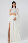 Shop_Deme by Gabriella_White Shimmer Chiffon Embroidery Halter Front Slit Lehenga Set _at_Aza_Fashions