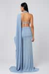 Deme by Gabriella_Blue Malai Lycra Embellished Beads Halter Pleated Skirt Saree With Neck Blouse _Online_at_Aza_Fashions