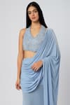 Shop_Deme by Gabriella_Blue Malai Lycra Embellished Beads Halter Pleated Skirt Saree With Neck Blouse _Online_at_Aza_Fashions