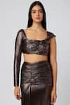 Deme by Gabriella_Gold Lycra Square Neck Metallic Draped Blouse And Skirt Set _Online_at_Aza_Fashions