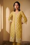 Buy_Mulmul_Green 100% Pure Mulmul Embroidered Lace V Neck Ahar Kurta And Pant Set _at_Aza_Fashions