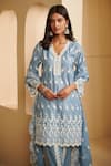 Shop_Mulmul_Blue 100% Pure Mulmul Embroidered Lace V Tilari Kurta Dhoti Pant Set _at_Aza_Fashions