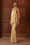 Dania Siddiqui_Gold Lycra Plain Aya Bell Bottom Pant _Online_at_Aza_Fashions