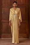Buy Dania Siddiqui Gold Satin, Lycra Crystal, Glass Bead V Neck Hathor Front Embellished Gown at Aza Fashions Buy_Dania Siddiqui_Gold Satin, Lycra Crystal, Glass Bead V Neck Hathor Front Embellished Gown _at_Aza_Fashions