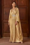 Buy_Dania Siddiqui_Gold Lycra Embellished Glass Bead V Neck Zahra Front Draped Kaftan  _at_Aza_Fashions