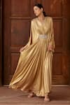 Buy_Dania Siddiqui_Gold Lycra Embellished Glass Bead V Neck Zahra Front Draped Kaftan  _Online_at_Aza_Fashions