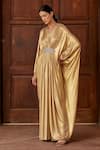 Shop_Dania Siddiqui_Gold Lycra Embellished Glass Bead V Neck Zahra Front Draped Kaftan  _Online_at_Aza_Fashions