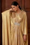 Dania Siddiqui_Gold Lycra Embellished Glass Bead V Neck Zahra Front Draped Kaftan  _at_Aza_Fashions