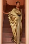 Dania Siddiqui_Gold Lycra Embellished Glass Bead V Cleopatra Front Draped Kaftan _Online_at_Aza_Fashions