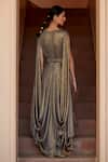 Shop_Dania Siddiqui_Grey Lycra Embellished Glass Bead V Neck Isis Metallic Draped Gown _at_Aza_Fashions
