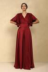 Buy_Dania Siddiqui_Maroon Crepe Satin Solid V Neck Ruffle Sleeve Jumpsuit _at_Aza_Fashions