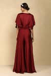 Shop_Dania Siddiqui_Maroon Crepe Satin Solid V Neck Ruffle Sleeve Jumpsuit _at_Aza_Fashions