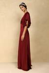 Dania Siddiqui_Maroon Crepe Satin Solid V Neck Ruffle Sleeve Jumpsuit _Online_at_Aza_Fashions