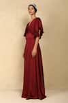 Buy_Dania Siddiqui_Maroon Crepe Satin Solid V Neck Ruffle Sleeve Jumpsuit _Online_at_Aza_Fashions
