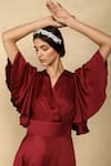 Shop_Dania Siddiqui_Maroon Crepe Satin Solid V Neck Ruffle Sleeve Jumpsuit _Online_at_Aza_Fashions