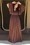 Dania Siddiqui_Brown Chiffon Solid V Neck Pleated Slit Sleeve Gown _Online_at_Aza_Fashions