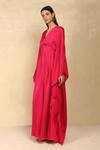 Dania Siddiqui_Pink Crepe Satin Solid V Neck Pleated Kaftan _Online_at_Aza_Fashions
