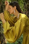 Dania Siddiqui_Green Satin Plain Solid V Neck Puff Sleeve Wrap Gown  _at_Aza_Fashions