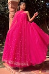 Shop_Dania Siddiqui_Pink Tulle Embroidered Pearl Sweetheart Neck Gown With Cape  _Online_at_Aza_Fashions