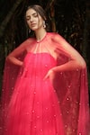 Dania Siddiqui_Pink Tulle Embroidered Pearl Sweetheart Neck Gown With Cape  _at_Aza_Fashions