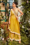 Buy_Rococo_Yellow Organza, Net Sequins, Thread Work V Neck Dea Embroidered Cape Sharara Set _at_Aza_Fashions