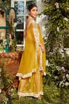 Rococo_Yellow Organza, Net Sequins, Thread Work V Neck Dea Embroidered Cape Sharara Set _Online_at_Aza_Fashions