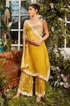 Buy_Rococo_Yellow Organza, Net Sequins, Thread Work V Neck Dea Embroidered Cape Sharara Set _Online_at_Aza_Fashions