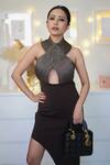 Buy_Nirmooha_Brown Lurex, Micro Halter Neck Corded Asymmetric Dress _at_Aza_Fashions