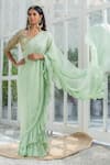 Buy_Kanj by Priyanka A Sakhuja_Green Silk Tabby Hand Embroidered Zari Del Pre-draped Ruffle Saree With Blouse _at_Aza_Fashions