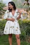 Nikasha_Off White Cotton Silk Banana Tree V Neck Hand Painted Dress _at_Aza_Fashions