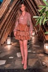 Buy_TORQADORN_Brown Faux Leather Tiered Pleated Skirt _at_Aza_Fashions